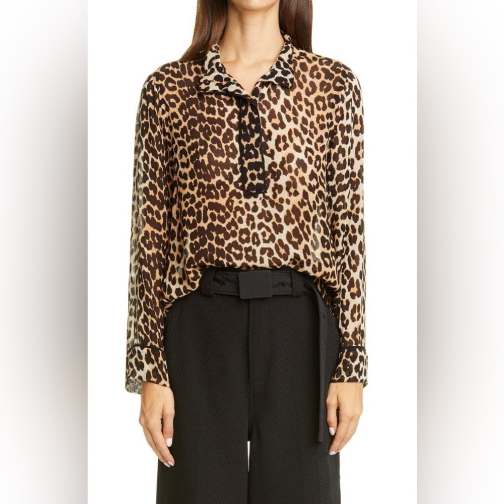 GANNI Printed Georgette Shirt Leopard Size 34 New - Picture 1 of 13